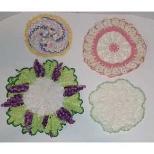 lot of 4 hand crocheted doilies 3d Grape Multicolor  Vintage
